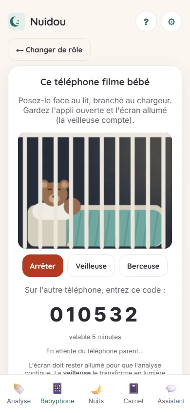 Écran caméra avec le code d'appairage